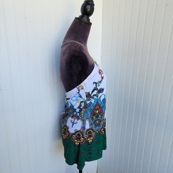 Silvers ute Halter  Jeweled Top Blouse Sleeveless Green White Paisley Chain Sz L - Picture 6 of 14